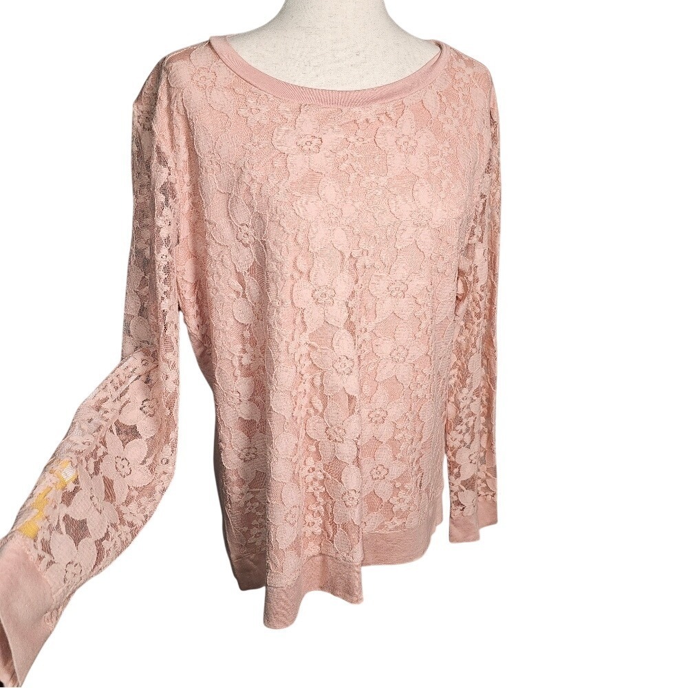 Adrianna Papell Pastel Pink Lace Layered Crewneck Blouse Top Xl